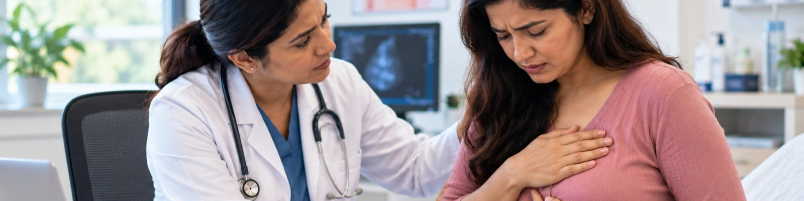 Young Indian woman receiving a breast cancer examination from a doctor