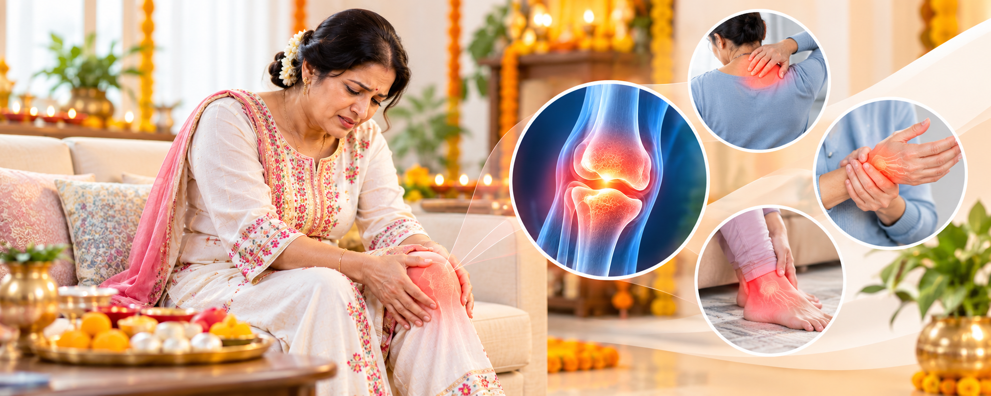 Festive season joint pain and arthritis symptoms in a woman with knee pain